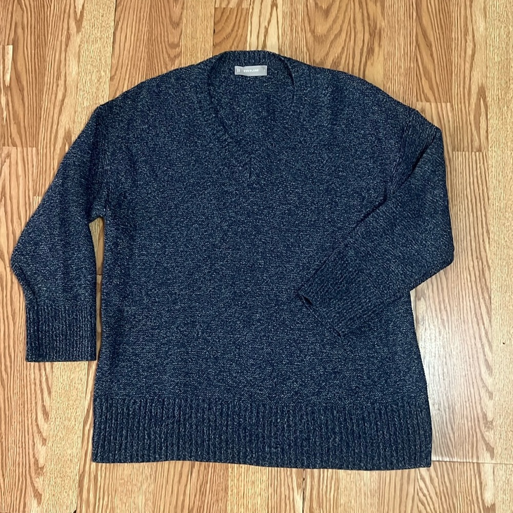 Everlane Blue White Marled Cotton Knit V-Neck Pullover Loose Fit Sweater Large
